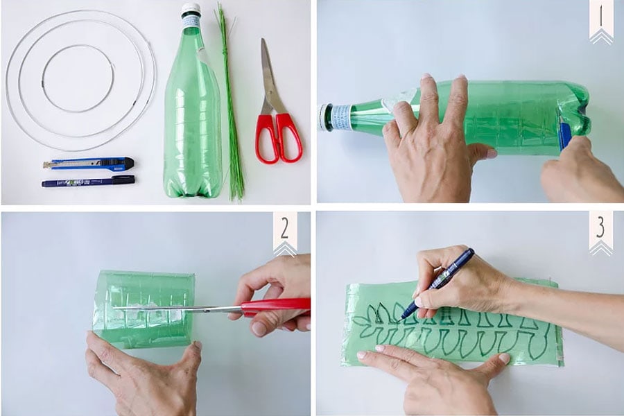 הדרכה בשלבים להכנת מתלים בצורת זרים מעלי זית מבקבוקי פלסטיק
