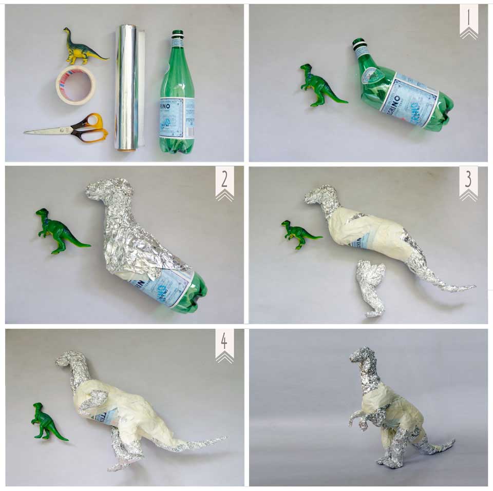 הדרכה בשלבים להכנת דינוזאור מבקבוק פלסטיק
